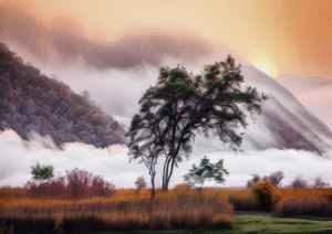Misty Sunrise Valley – Tranquil Landscape Art Print