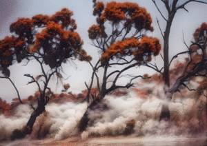 Windswept Autumn – Misty Red Woodland Art Print